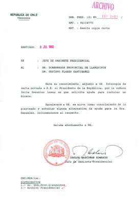 [Carta del Jefe de Gabinete de la Presidencia a Gobernador Provincial de Llanquihue]