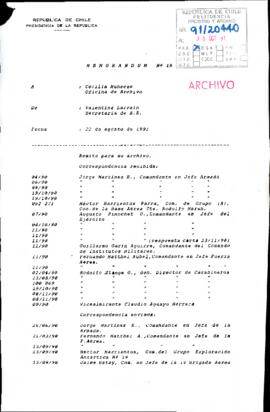 [Copia de Memorandum Nª 15 a Oficina de Archivo, remite correspondencia]