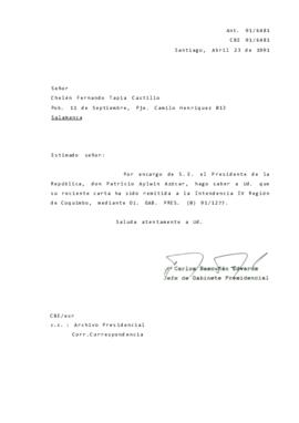Carta remitida a la Intendencia IV Región de Coquimbo