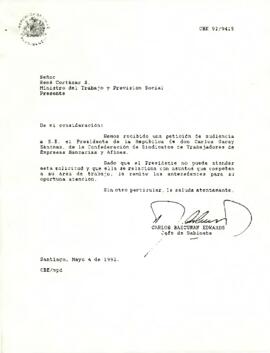 Carta de Carlos Bascuñán Edwards, Jefe de Gabinete Presidencial, a René Cortázar S., Ministro del Trabajo y Previsión Social, sobre solicitud de audiencia de la Confederación de Trabajadores Bancarios