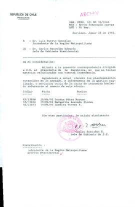 [Carta del Jefe de Gabinete de la Presidencia a Intendente de la Región Metropolitana]