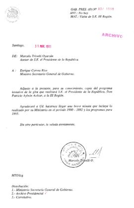 [Oficio Gab. Pres. Ord. N° 1558 de Jefe de Gabinete Presidencial, visita de S. E. III Región]