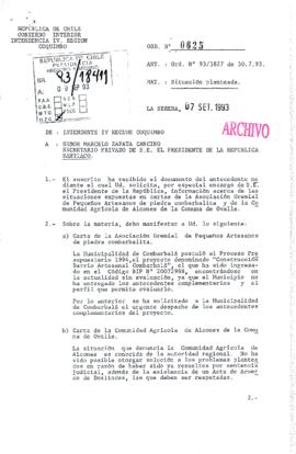 [Carta del Sr. Intendente de la Región de Coquimbo, da respuesta a solicitudes de los Pequeños Artesanos de la Piedra   Combarbalita]
