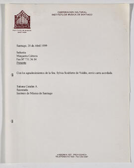 Fax dirigido a la srta. Margarita Cabrera de parte de la Secretaria del IMUS, srta. Tatiana Catalán A.