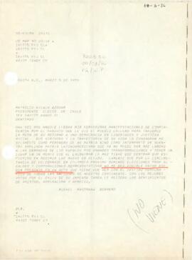 Fax del Sr. Misael Pastrana Borrero, dirigida al sr. Patricio Aylwin Azocar Presidente Electo de Chile