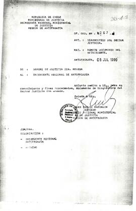 Of. Ord. N°: 207 desde la Secretaría Regional Ministerial de Justicia Región de Antofagasta, del sr. Juan Siglic Mazzalin, Abogado, Secretario Regional Ministerial, dirigida al Intendente Regional de Antofagasta