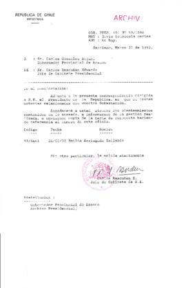 [Oficio del Gabinete Presidencial dirigido al Gobernador Provincial de Arauco]