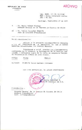 [Oficio del Jefe de Gabinete Presidencial dirigido al Gerente General de la Empresa de Correos de Chile]