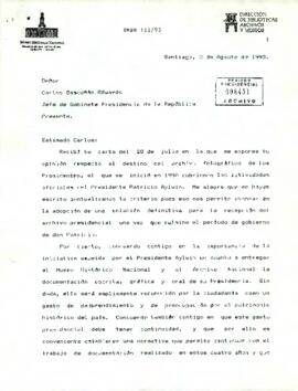 Carta DMHN 111/93 desde el Museo Histórico Nacional, de la Conservadora, Sra. Sofía Correa Sutil, dirigida al sr. Carlos Bascuñán Edwards, Jefe de Gabinete Presidencia de la República