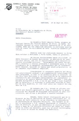 [Carta del Partido Radical de Chile Asamblea Pedro Aguirre Cerda por recuperación de inmueble que fue sede del Partido]
