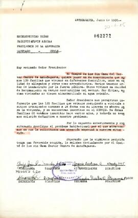 Carta desde el Comité de los sin casa del sector centro de Antofagasta, dirigida al Excelentísimo, sr. Patricio Aylwin Azócar, Presidente de la República