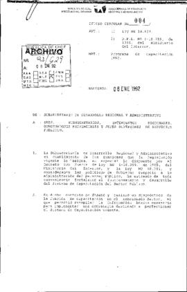 Oficio Circular del Subsecretario de Desarrollo Regional y Administrativo referente a Programa de Capacitación 1992