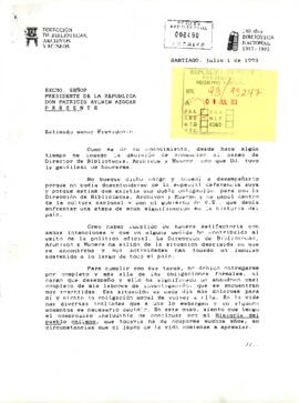 Carta desde la Dirección de Bibliotecas, Archivos y Museos, de su Director, sr. Sergio Villalobos R., dirigida al Excelentísimo Presidente de la República, Dn. Patricio Aylwin Azócar
