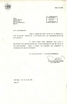 Carta de Carlos Bascuñán Edwards, Jefe de Gabinete Presidencial, a Jacobo García, América 92 Quinto Centenario