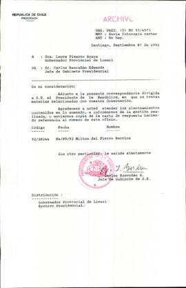 [Carta del Jefe de Gabinete de la Presidencia a Gobernador Provincial de Limarí]