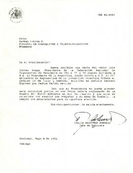 Carta de Carlos Bascuñán Edwards, Jefe de Gabinete, dirigida al Señor Germán Correa D. Ministro de Transportes y Telecomunicaciones