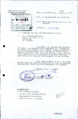 [Of. Ord. Nº 448/91 de Director Nacional de Gendarmería de Chile, responde sobre reincorporación de quién se indica]