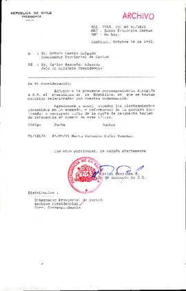 [Oficio del Jefe de Gabinete Presidencial dirigido al Gobernador Provincial de Curicó, Sr. Arturo Castro Salgado]