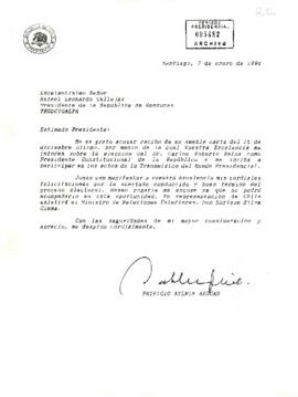 Carta de Patricio Aylwin Azócar, Presidente de la República de Chile, al Excelentísimo Señor Rafael Leonardo Callejas, Presidente de la República de Honduras