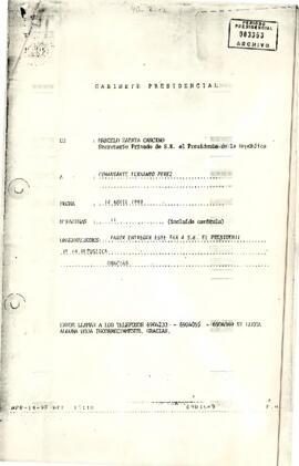 Fax desde el Gabinete Presidencial, del sr. Marcelo Zapata Cancino, Secretario Privado de S.E. el Presidente de la República, dirigida al Comandante Fernando Pérez
