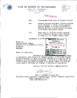 Carta del Club de Leones de Talcahuano dirigida al Presidente Patricio  Aylwin, relacionada a peticiones de Directiva del Partido de los Jubilados  de Chile] - Archivo Patrimonial Universidad Alberto Hurtado
