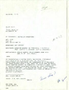 Fax desde la República Argentina, Provincia Catamarca, del Director Gral. de Ceremonial y Protocolo Prof. Gustavo A. Erdmann, Casa de Gobierno, dirigido a la sra. Amelia Huerta