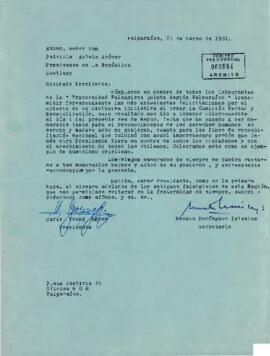 Carta de los sres. Mario Young Reyes y Renato Domínguez Iglesias, de la Fraternidad Falangista Quinta Región Valparaíso, dirigida al Excmo. señor don Patricio Aylwin Azócar, Presidente de la República