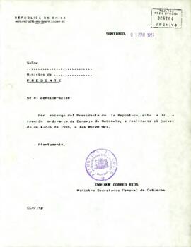 Citación oficial enviada el 1 de marzo de 1994 por el Ministro Secretario General de Gobierno, Enrique Correa, dirigida a los ministros de Estado