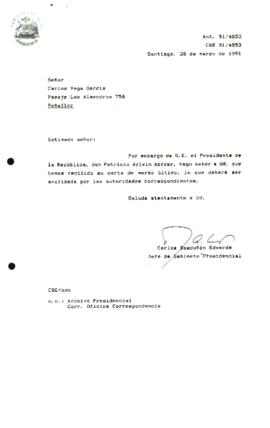 [Carta acusando recibo de la correspondencia enviada por ciudadano de Peñaflor, manifestando revisión de antecedentes del caso]