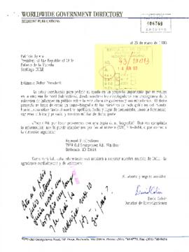 Carta desde Worldwide Government Directory - Belmont Publications, de su Director de Investigaciones, David Colvin, dirigida a Patricio Aylwin, President of the Republic of Chile