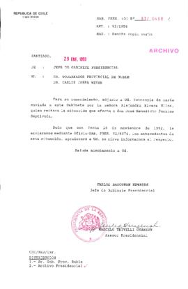 [Oficio del Gabinete Presidencial dirigido al Gobernador Provincial de Ñuble]