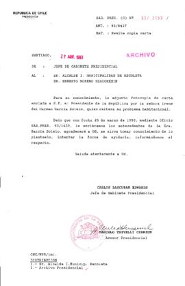 [Oficio  Gab. Pres. Ord. N° 2153 de Jefe de Gabinete Presidencial, remite copia de carta que se indica]