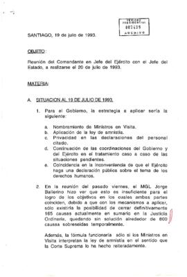 Temas que se trataran en reunión del comandante en jefe del Ejército con el jefe del Estado, a realizarse el 20 de julio de 1993.