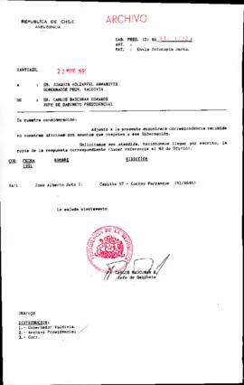 [Se remite fotocopia de correspondencia a Gobernador Provincia de Valdivia]