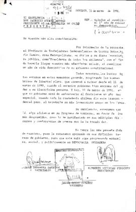 [Saludo de Sindicato de Trabajadores Independientes Lustra Botas al cumplirse un año de mandato del Presidente Aylwin]