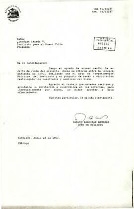 Carta de Carlos Bascuñán Edwards, Jefe de Gabinete Presidencial, a Lincoyán Zepeda V., Instituto para el Nuevo Chile