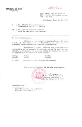 [Carta del Jefe de Gabinete de la Presidencia a Intendente de la VIII Región]