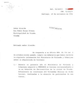 [Carta de respuesta del Gabinete Presidencial dirigida al Alcalde de Vicuña referente a solicitud de apoyo del Estado para la adquisición de terrenos a FERRONOR Coquimbo]
