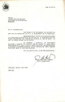Carta de Carlos Bascuñán Edwards, Jefe de Gabinete Presidencial, a Carmen Grez de Anrique, alcaldesa de Providencia, sobre solicitud de audiencia