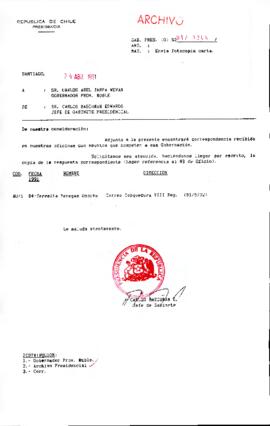 [Se remite fotocopia de correspondencia a Gobernador Provincial Nuble]