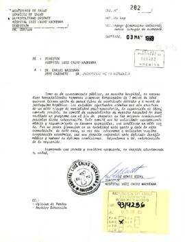 Carta desde el Servicio de Salud Metropolitano Oriente, Hospital Luis Calvo Mackenna, de su Director, sr. Julio Montt Vidal, dirigida al sr. Carlos Bascuñán Edwards, Jefe de Gabinete Presidencial