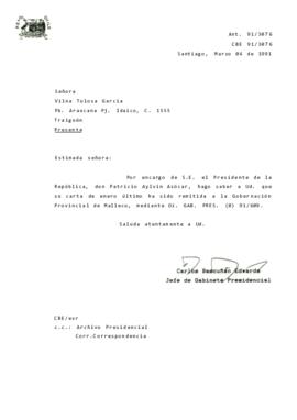 [Carta de respuesta por remisión de correspondencia enviada al Presidente, redirigiéndola  a la Gobernación Provincial de Malleco]