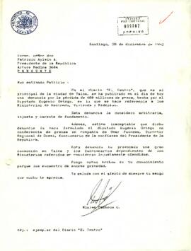 Carta desde el Senado de la República, del sr. Máximo Pacheco, dirigida al Excmo. señor don Patricio Aylwin A. Presidente de la República