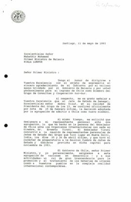 Carta de Patricio Aylwin Azócar, dirigida al Excelentísimo Señor Mahathir Mohamed, Primer Ministro de Malasia