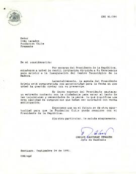 Carta de Carlos Bascuñán Edwards, Jefe de Gabinete Presidencial, a Iván Lavados, Presidente de Fundación Chile, sobre invitación al Presidente de la República a inauguración del Centro Tecnológico de la Madera.