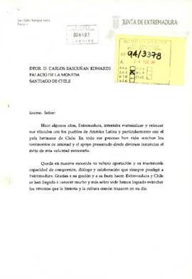 Carta enviada por Juan Carlos Rodríguez Ibarra, Presidente de la Junta de Extremadura (España), dirigida a Carlos Bascuñán Edwards