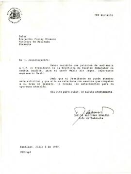 Carta de Carlos Bascuñán Edwards, Jefe de Gabinete Presidencial, a Alejandro Foxley Ríoseco, Ministro de Hacienda, sobre solicitud de audiencia para empresario saudí Wahib Bin Zager