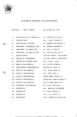 Relación de pasajeros del viaje presidencial Santiago–Punta Arenas y retorno (30 de mayo y 1 de junio de 1990)