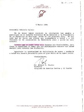 Carta desde The Carter Center of Emory University, del Programa de América Latina y El Caribe, Dr. Robert A. Pastor, dirigida al sr. Patricio Aylwin Azocar Presidente Electo de Chile