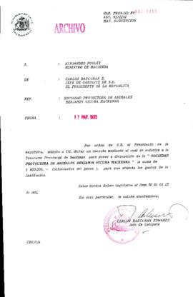 [Oficio Gab. Pres. Ord. N° 1265 de Jefe de Gabinete Presidencial, subvención]